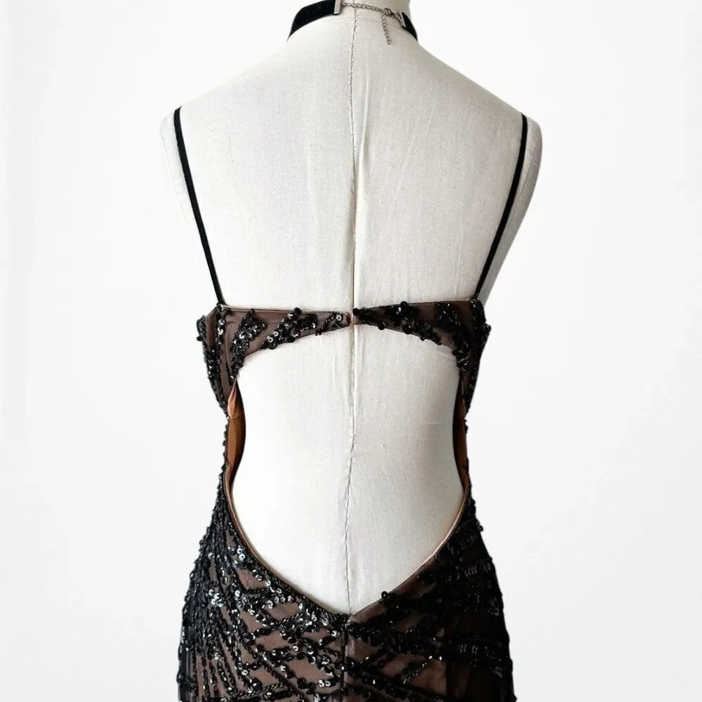 Vintage Y2K Brown Black Beaded Mesh Maxi Bodycon Side Slit Prom Dress Size M/L